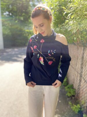 Organic Sweater - Embroidery Flowers - Blue