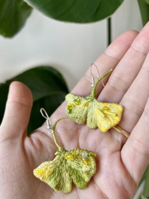 Hand-embroidered ginkgo earrings